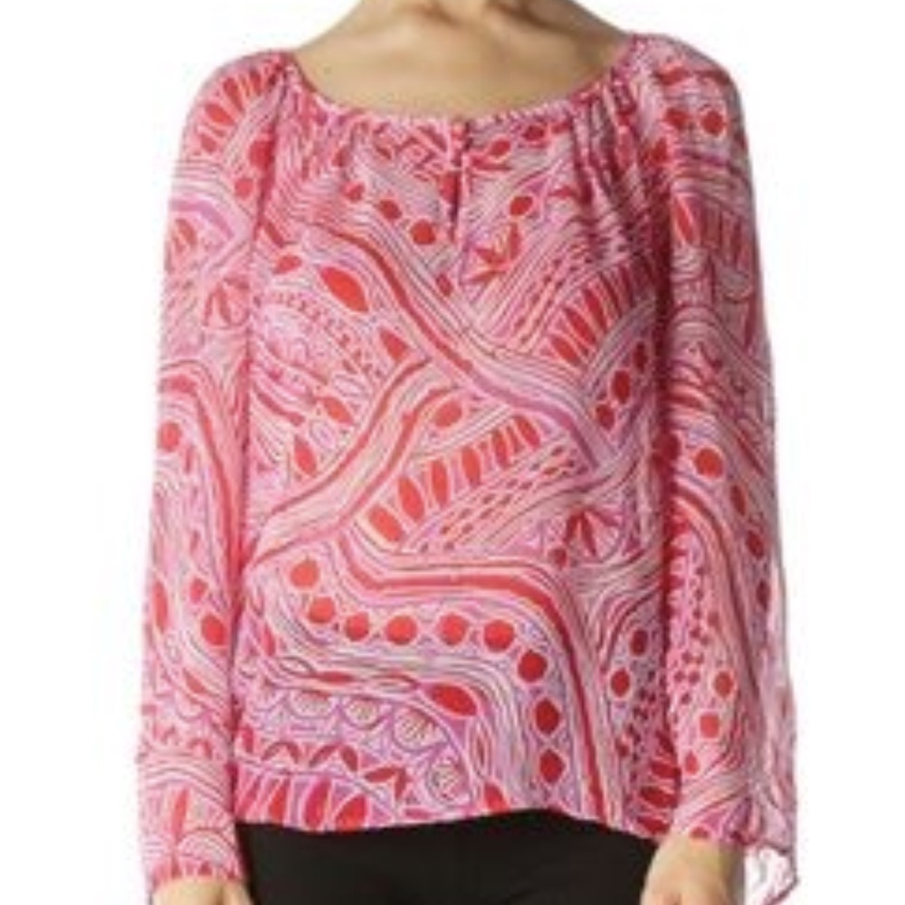 Trina Turk Bohemian Magenta & Red Print 92% Silk Sheer Peasant Blouse Size L